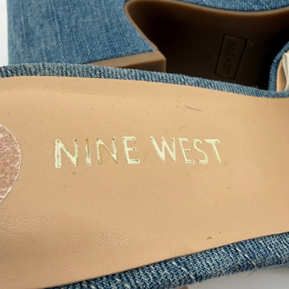 Nine West Womens 7.5 Blue Denim Platform Slides WNBEAS7-C Block Heel Mules